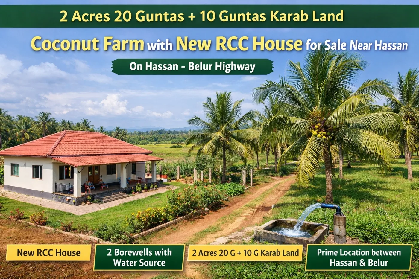 2 Acres 20 Guntas Coconut Farm Land With Rcc Farmhouse For Sale Near Hassan (Hassanbelur Highway)